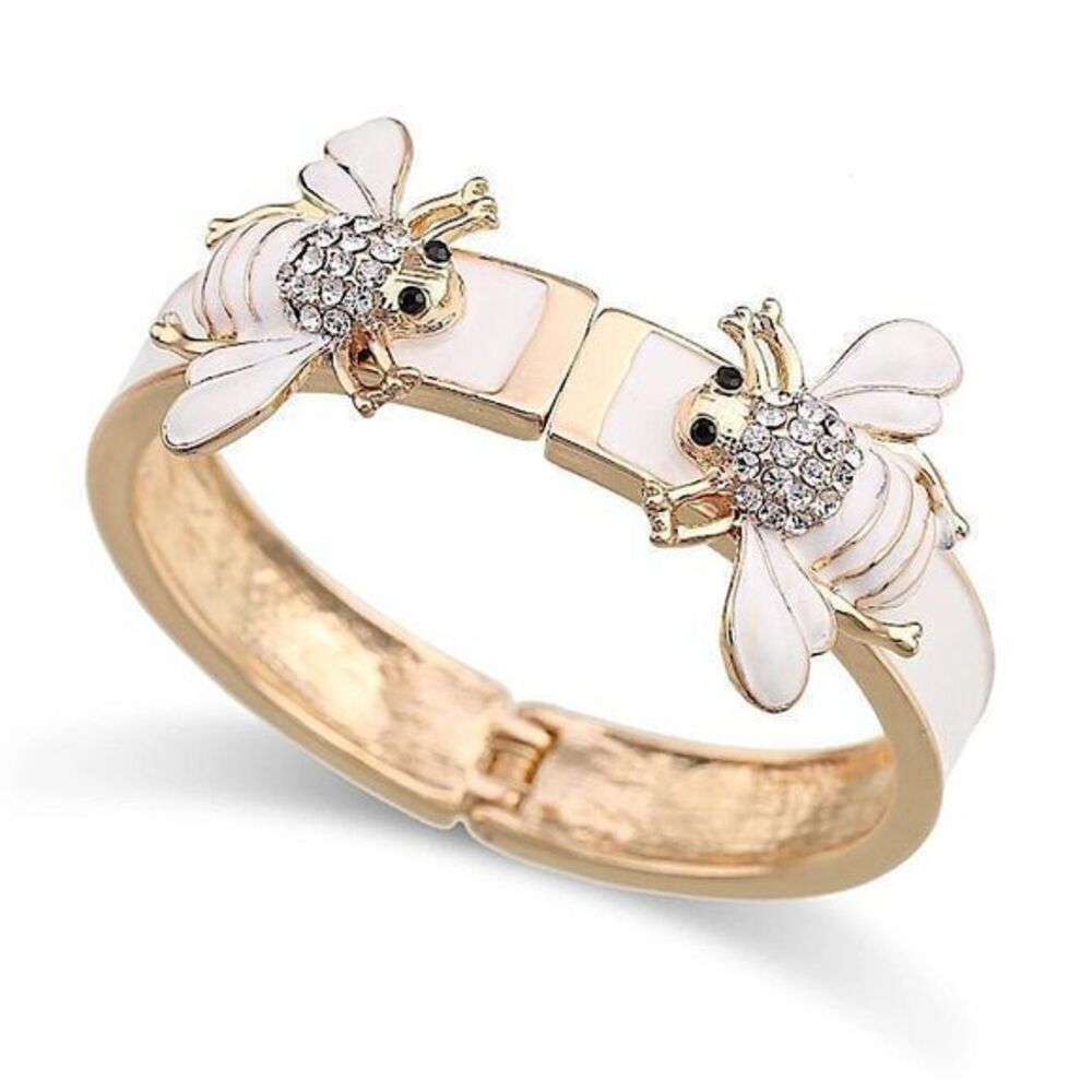 Gold Tone White Bee Hinged Bracelet